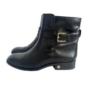 Tory Burch Brooke Leather ankle bootie, buckle gold LOGO, size 8